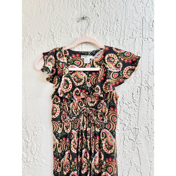 Nieves Lavi Cap Sleeve 100% Silk Paisley Print Maxi Dress Black Women's Size 0 - Picture 5 of 8